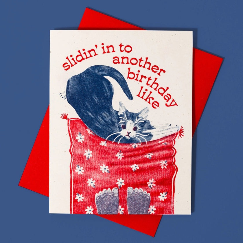 Card Sliding Into Another Birthday Cat