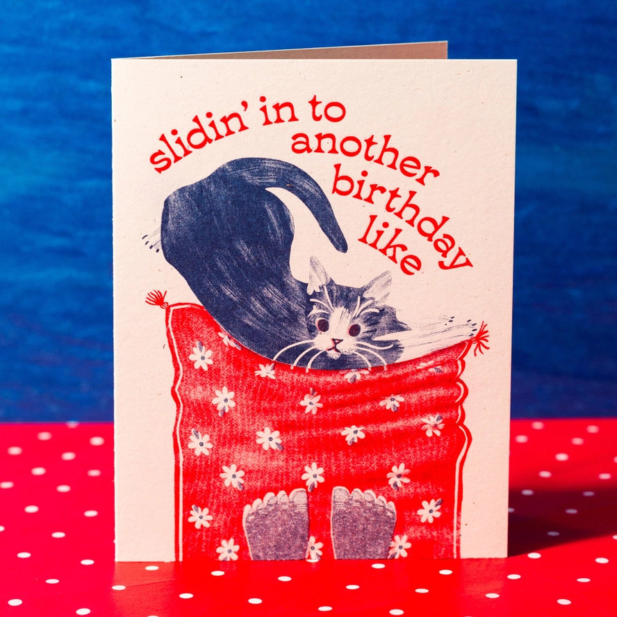 Card Sliding Into Another Birthday Cat