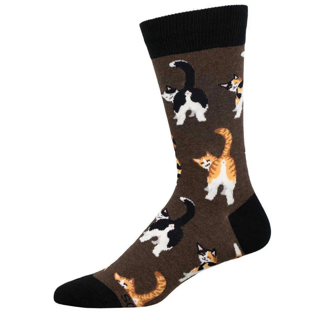 Cat Butts Men's Crew Socks Brown Heather