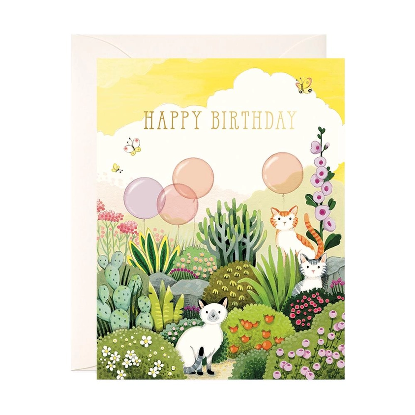 Card Cats In Garden Birthday