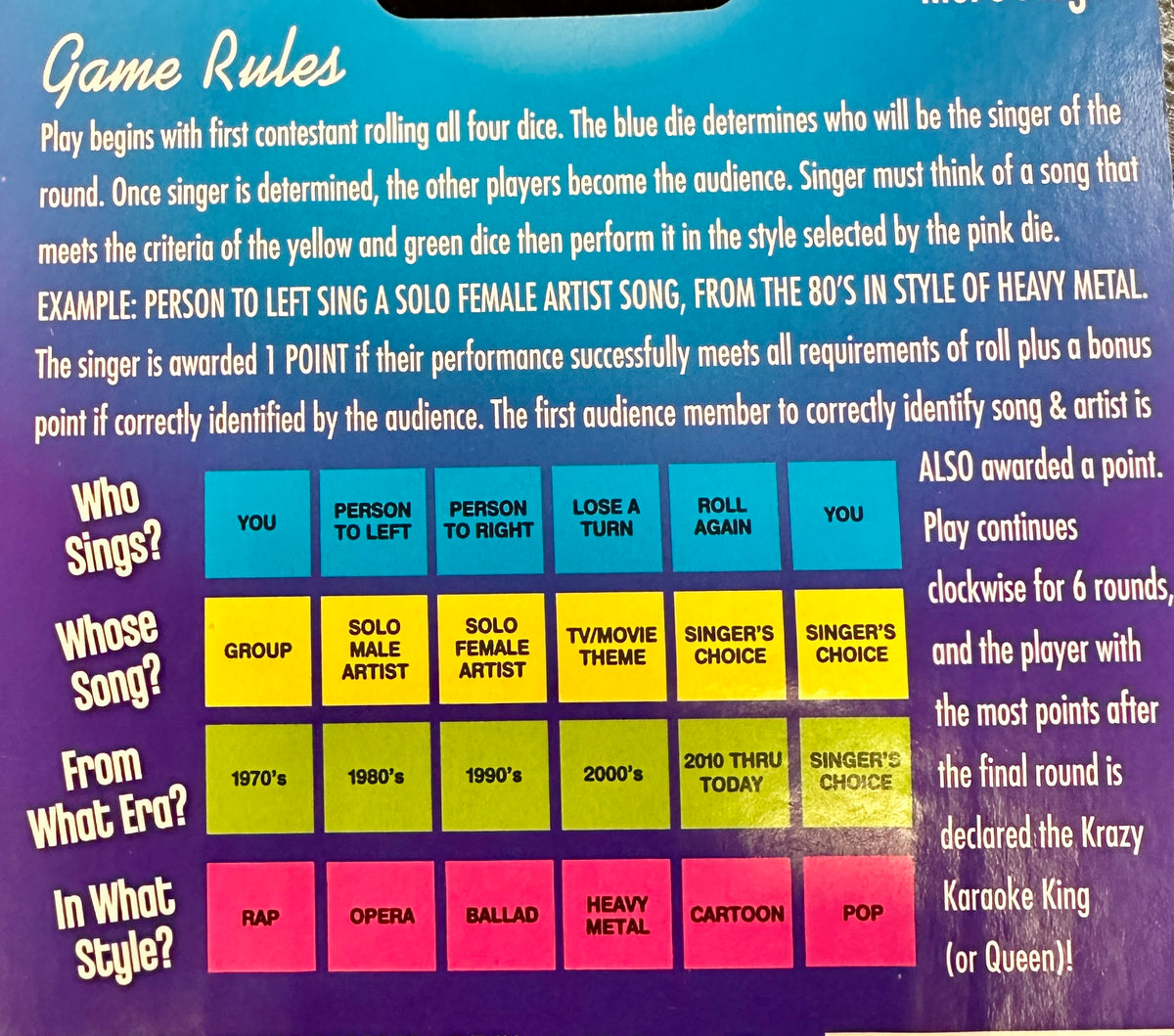 Krazy Karaoke Dice Rolling Game