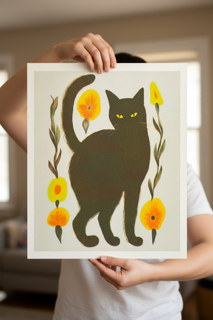 Black Cat Risograph Print 12"x10"