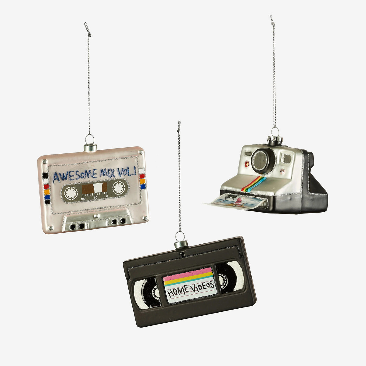 VHS, Cassette Mix Tape, Polaroid Assorted Glass Ornament