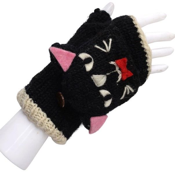 Wool Arm Warmers Cat Mittens Black
