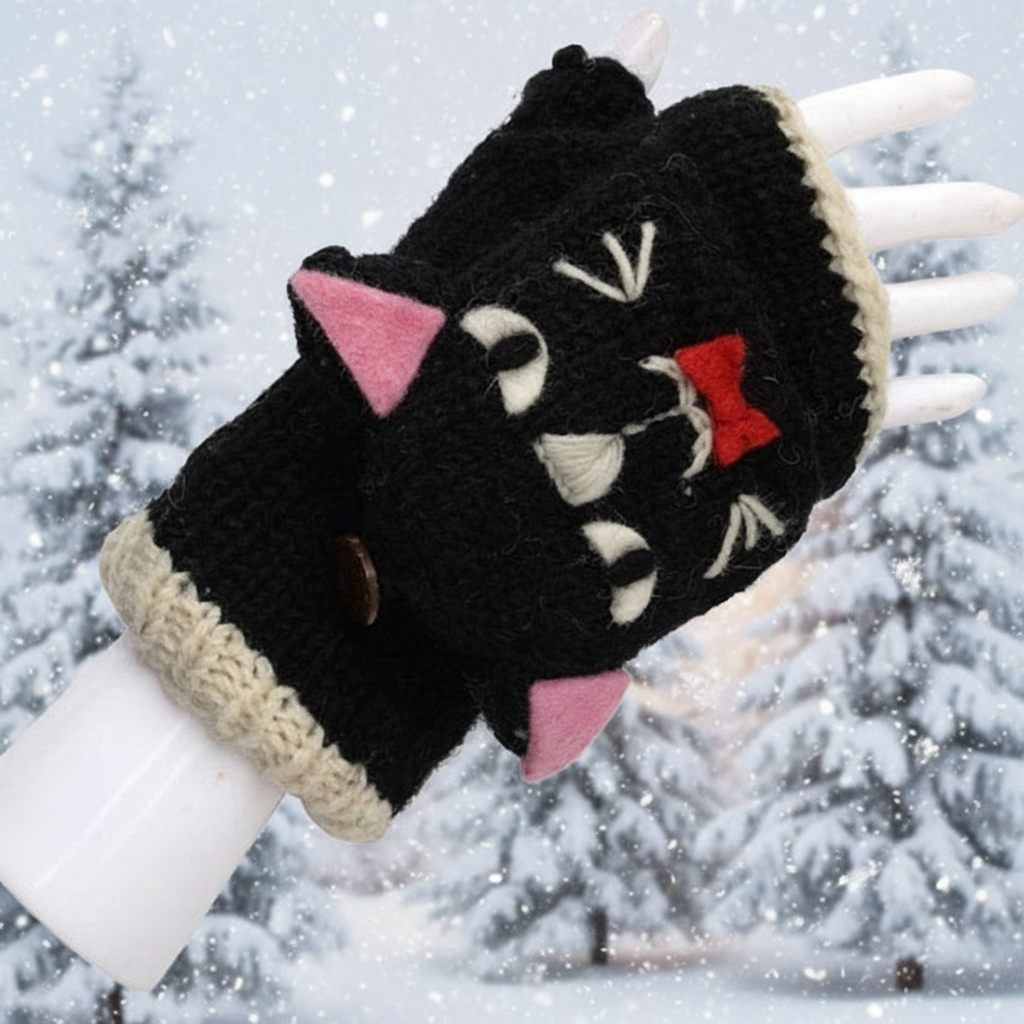 Wool Arm Warmers Cat Mittens Black