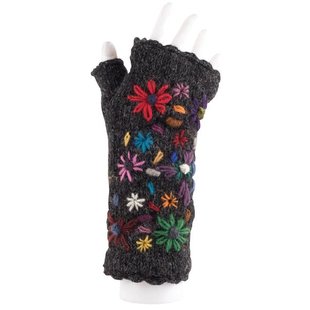Wool Arm Warmers Black With Flowers