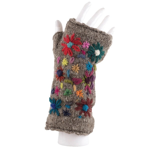 Wool Arm Warmers Gray With Flowers