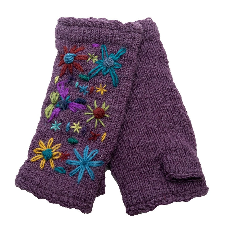 Wool Arm Warmers Purple With Flowers