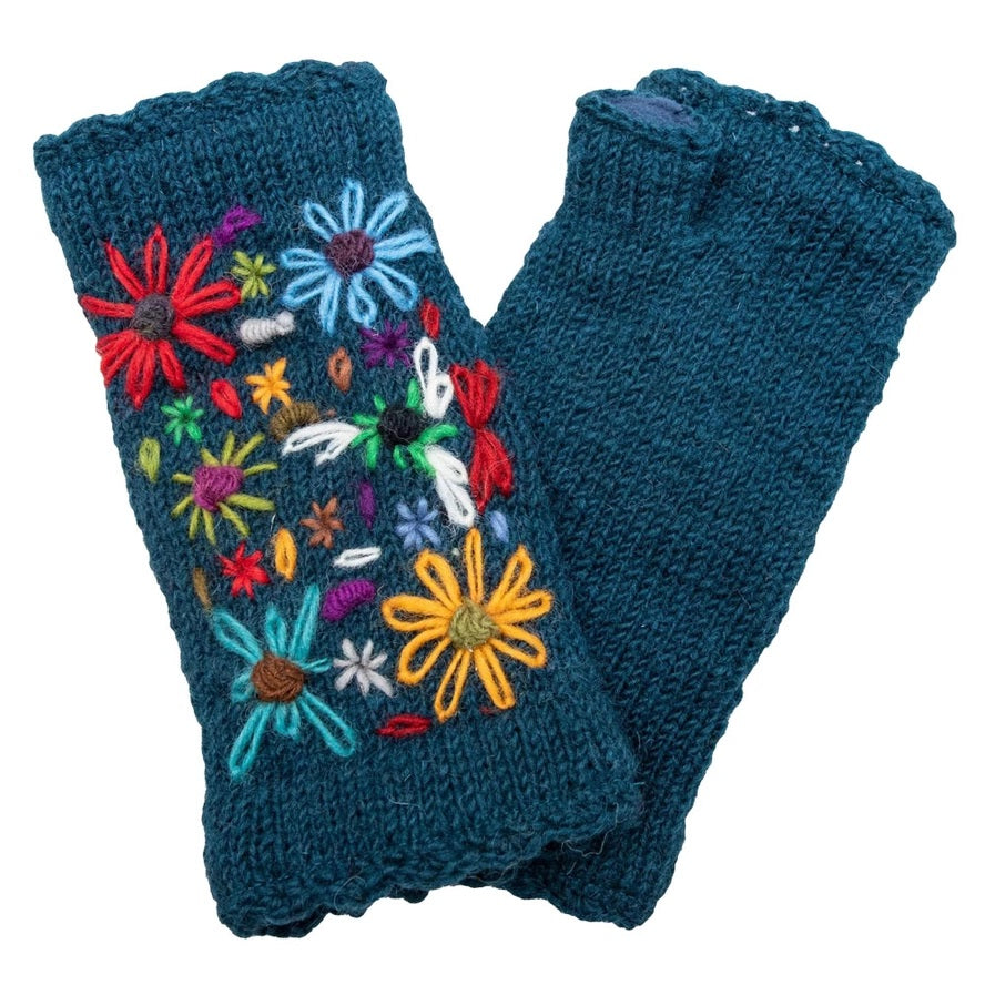 Wool Arm Warmers Teal With Flowers