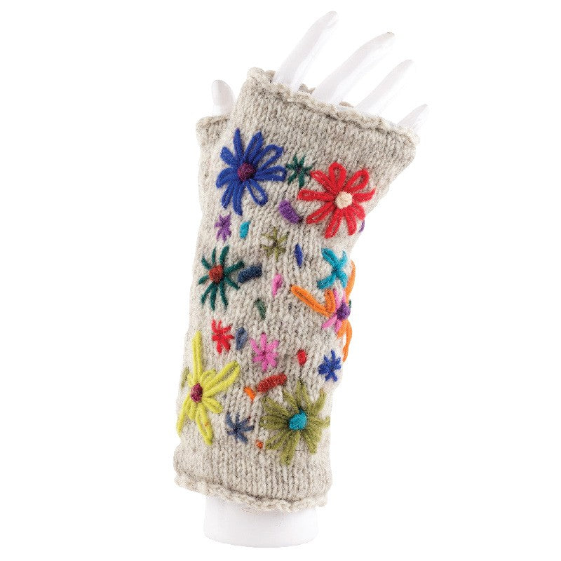 Wool Arm Warmers Off White With Flowers