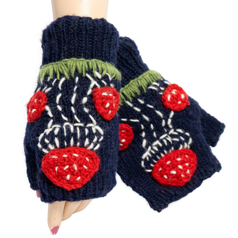 Wool Mushroom Fingerless Gloves Navy Blue