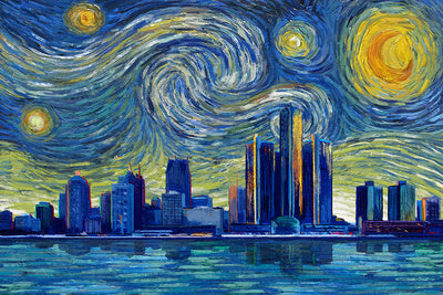 Detroit Starry Night Wooden Sign 10"x15"